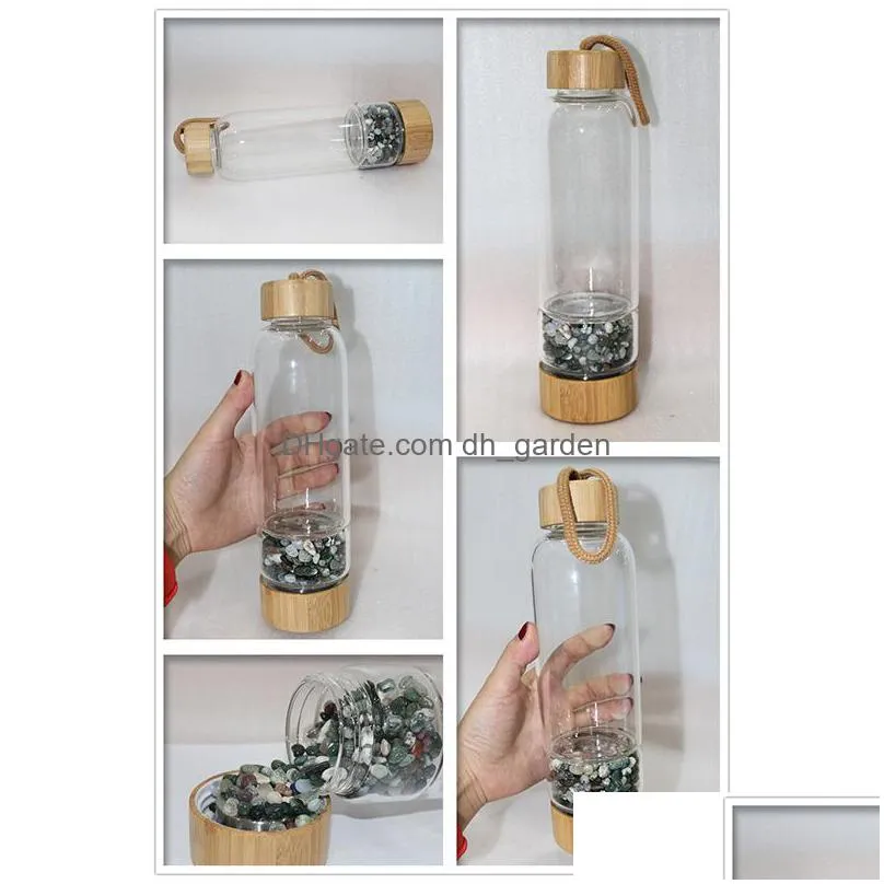 450ml portable crystal glass cup natural crystals gravel water bottles energy bamboo cover kettle outdoor sports water cups