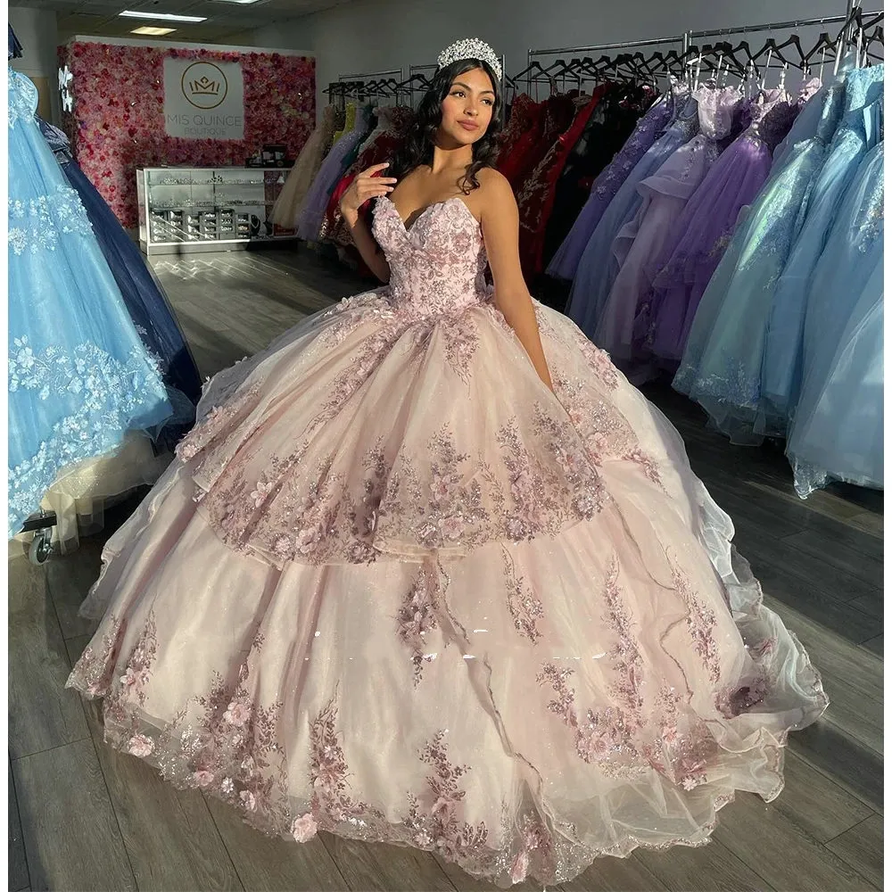 Pearl Pink Sequined Appliques Ruffles Quinceanera Dresses 2023 Sweetheart Sleeveless 3D Flowers Corset Corset Ball Gown Vestidos De XV Anos