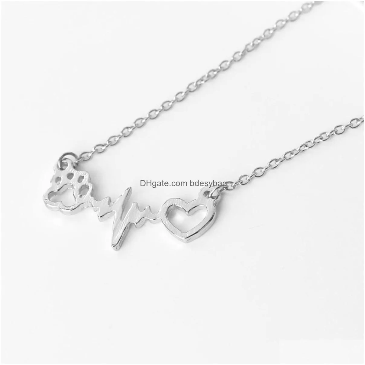 love bear paw dog footprint ecg heart beat necklace women bling clavicle chain jewelry gift