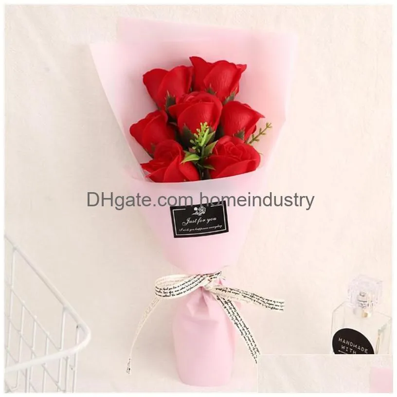 7 red rose simulation flower valentines day manual artificial flowers multi color soap small bouquet gifts packing paper rope 4 3jh l2