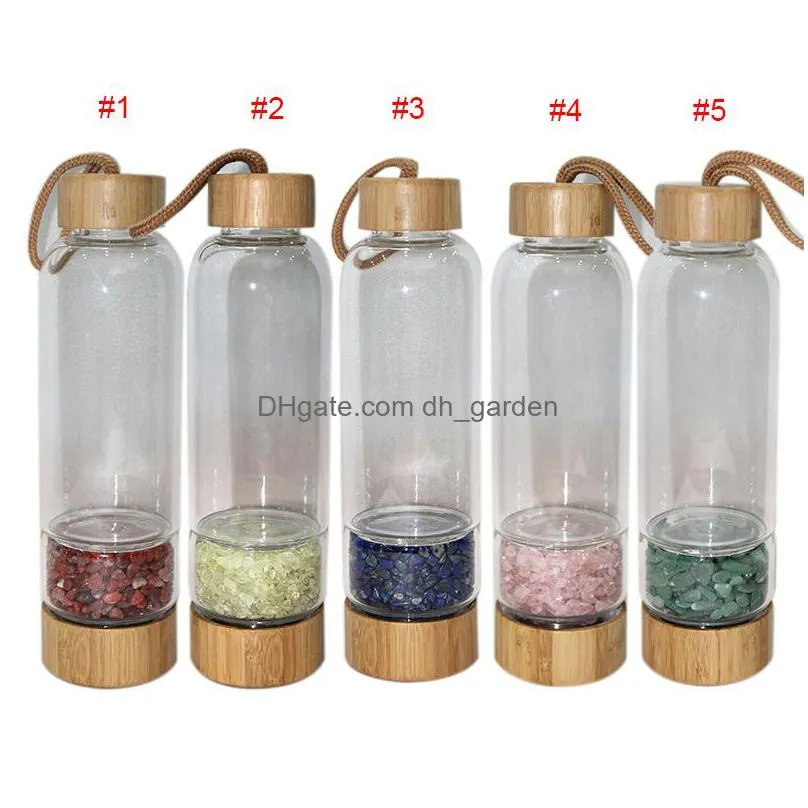 450ml portable crystal glass cup natural crystals gravel water bottles energy bamboo cover kettle outdoor sports water cups