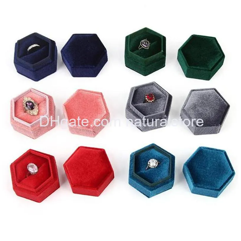 hexagon velvet ring box double ring storage boxes wedding rings display case for woman gift earrings jewelry packaging