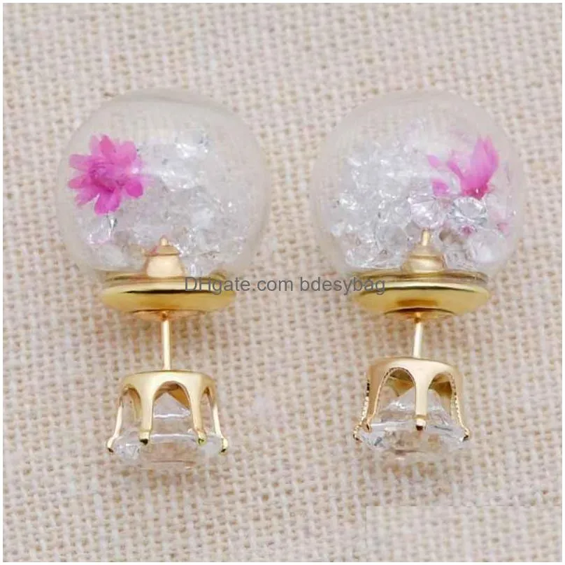 glass ball broken jewelry diamonds dry flower earrings charm natural dried romantic elegant sweet beauty ual girl