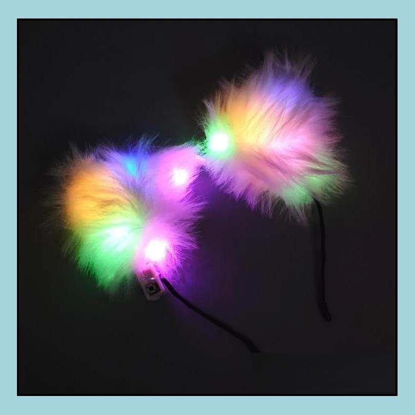 flash cat fox long fur ears headband party hat cosplay costume glowing hairband led plush hair hoop headdress for women girl white