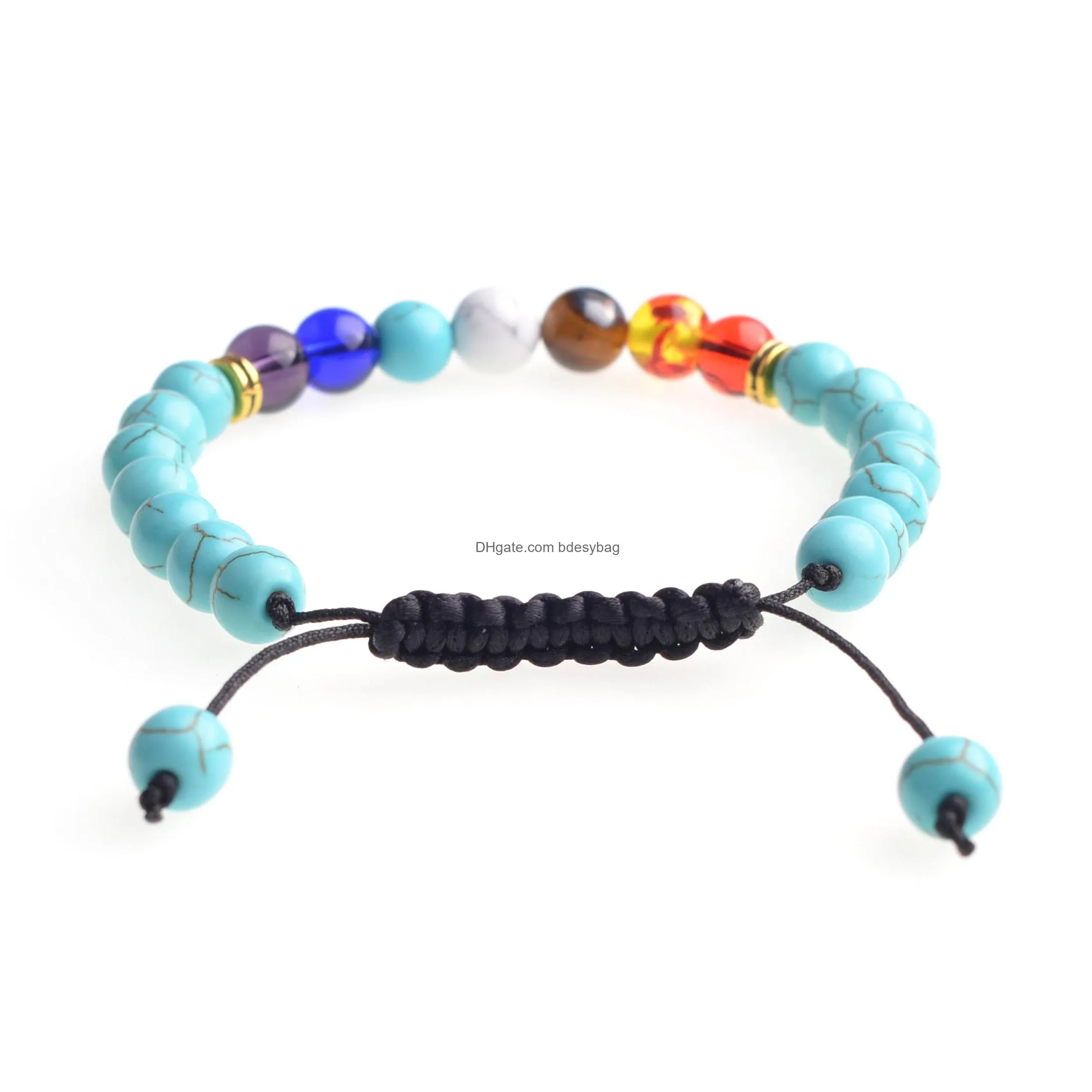 factory sale handmade lucky turquoise woven 7 chakra adjustable natural stone bracelet with 8mm round beads for uni wholesale