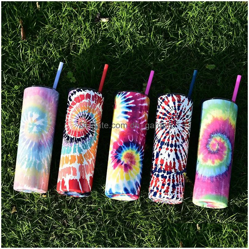650ml double layer stainless steel tumblers creative tie dye thermos mug vacuum flask fashion printing household water cup with straw