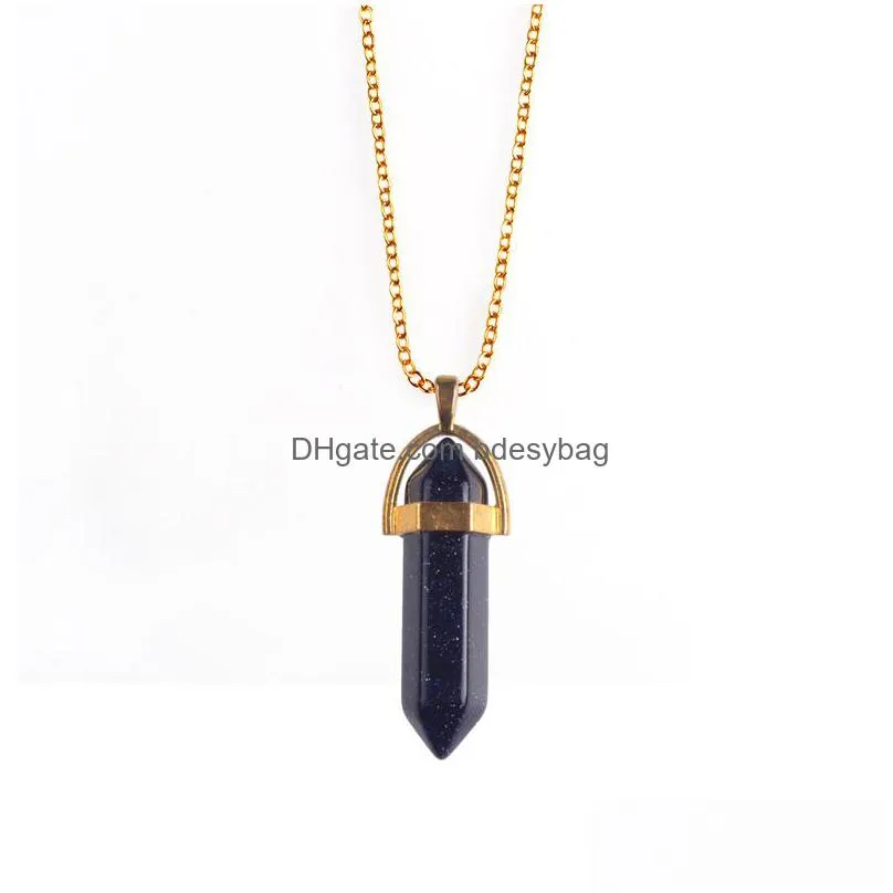 2017 hexagonal column natural stone healing point pendant necklaces amethyst crystal quartz stone necklace women gem stone