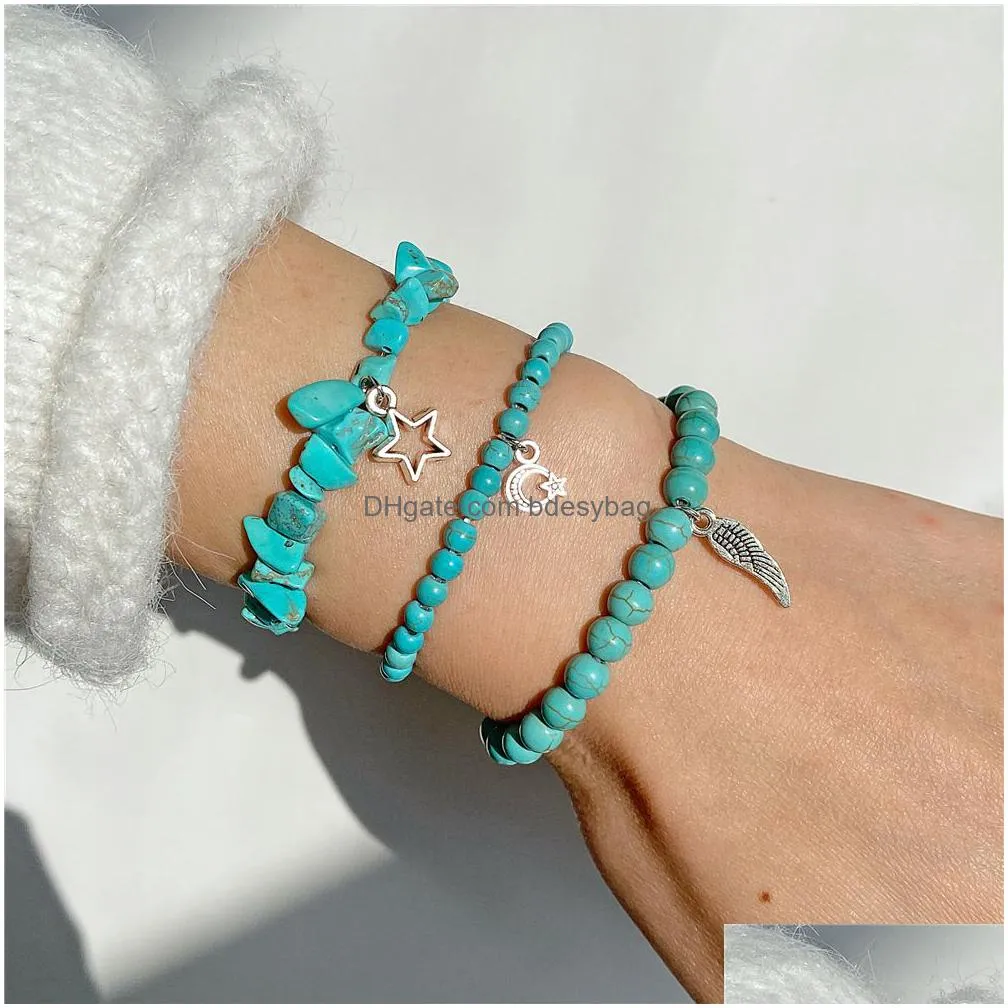 fashionable chakras natural crystal beads bracelets alloy star wing handmade woven bracelet set for women jewelry