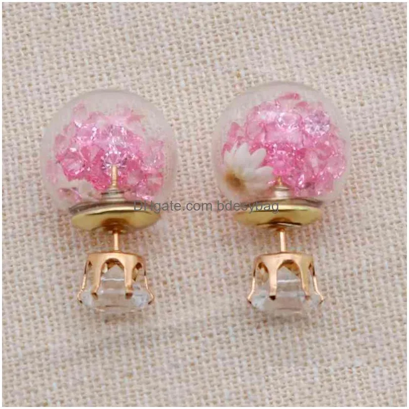 glass ball broken jewelry diamonds dry flower earrings charm natural dried romantic elegant sweet beauty ual girl