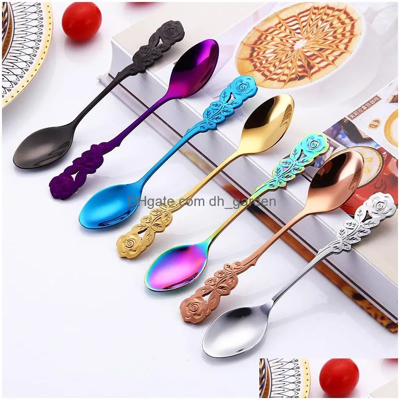 creative stainless steel rose spoons household kitchen coffee mixing scoop portable exquisite dessert spoon restaurant bar tableware 7