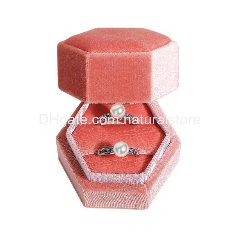 hexagon velvet ring box double ring storage boxes wedding rings display case for woman gift earrings jewelry packaging