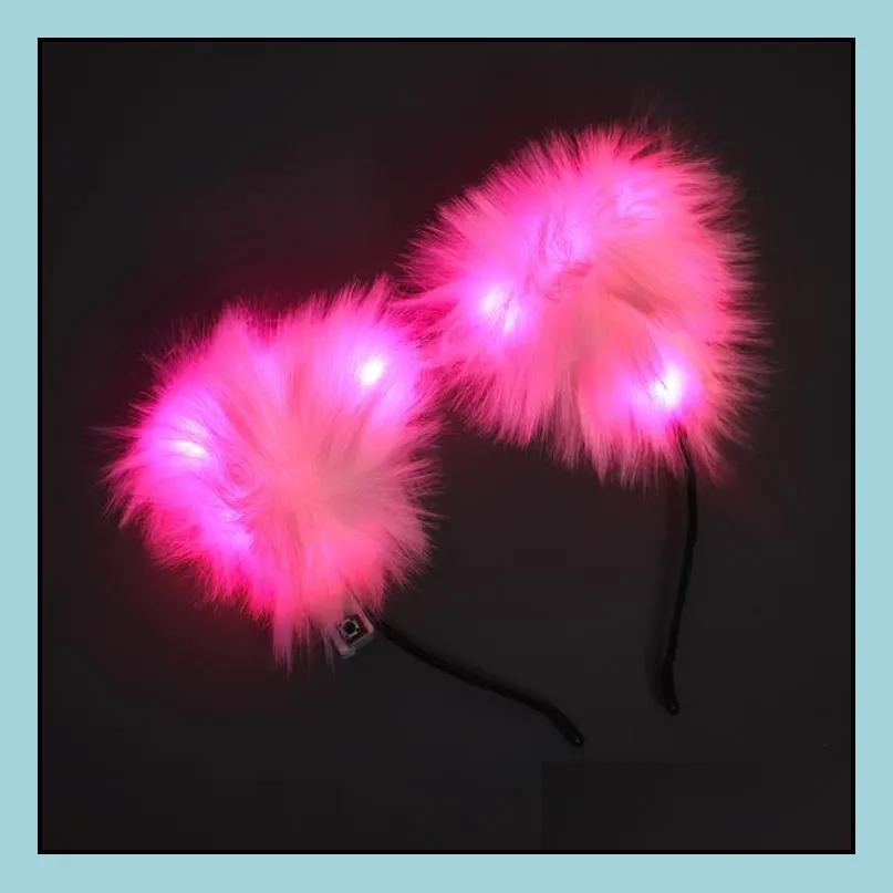 flash cat fox long fur ears headband party hat cosplay costume glowing hairband led plush hair hoop headdress for women girl white