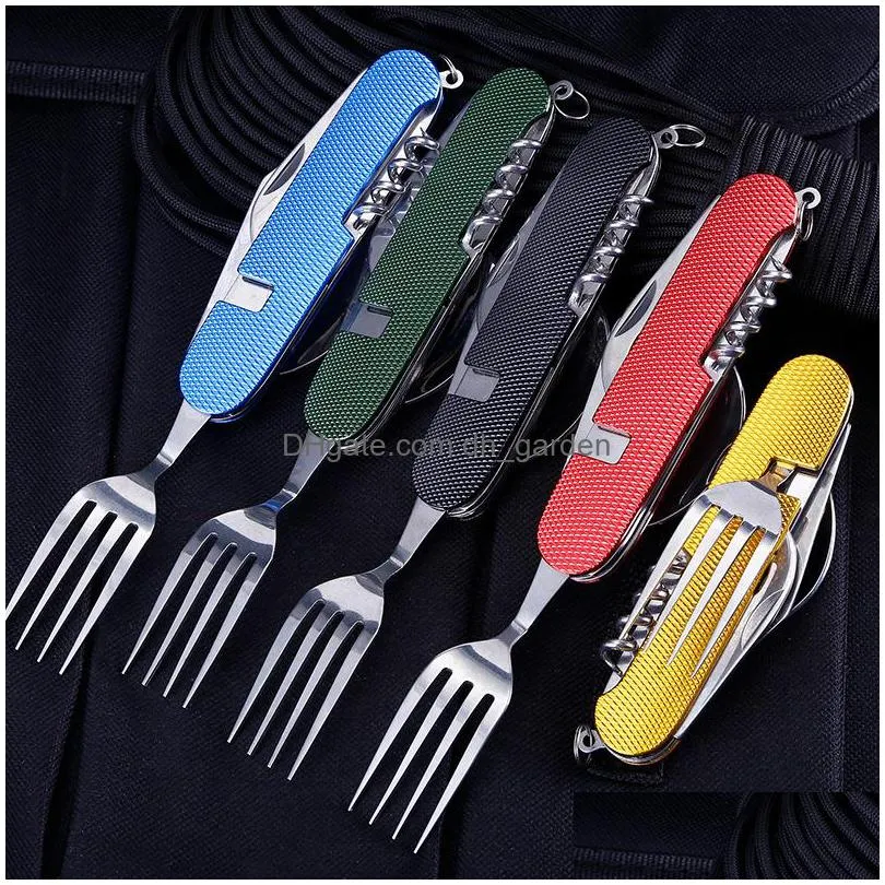 multifunctional folding knife dinnerware sets portable combination folding cutlery keychain pendant outdoor camping tools