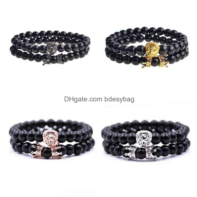 2pcs set black micro inlay double crown copper  head bracelet men and women couple friendship bracelet