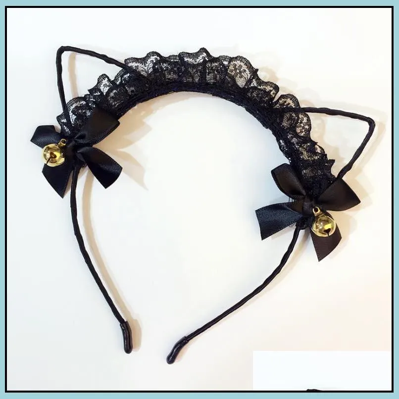 black lace cat ear headband ribbon add golden bells kawaii kitty cosplay hair band hair stick halloween christmas easter headwear