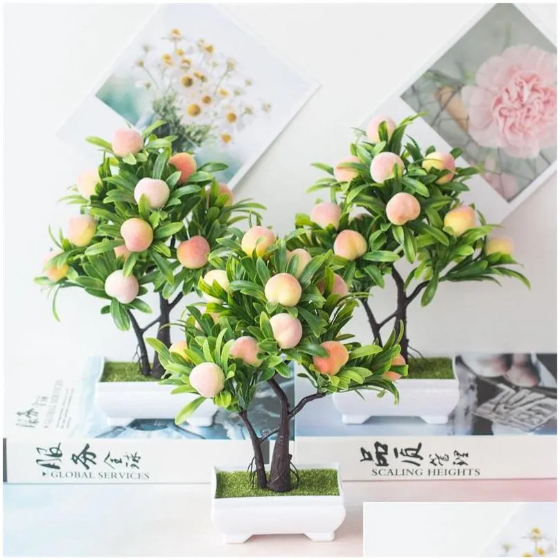 1pc artificial plants for home decor party supplies realistic peach fruit tree potted plant bonsai desktop ornements table decor 20211230