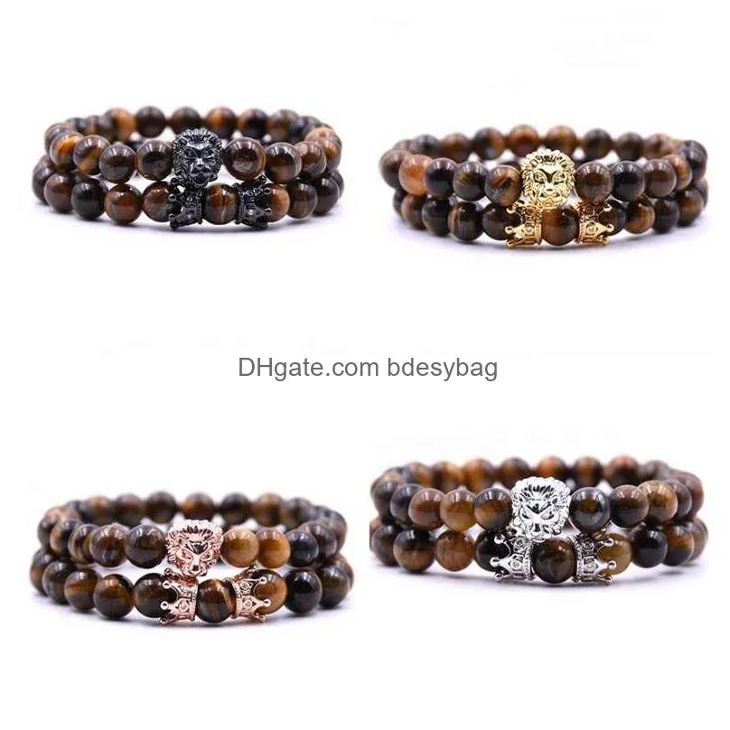 2pcs set black micro inlay double crown copper  head bracelet men and women couple friendship bracelet