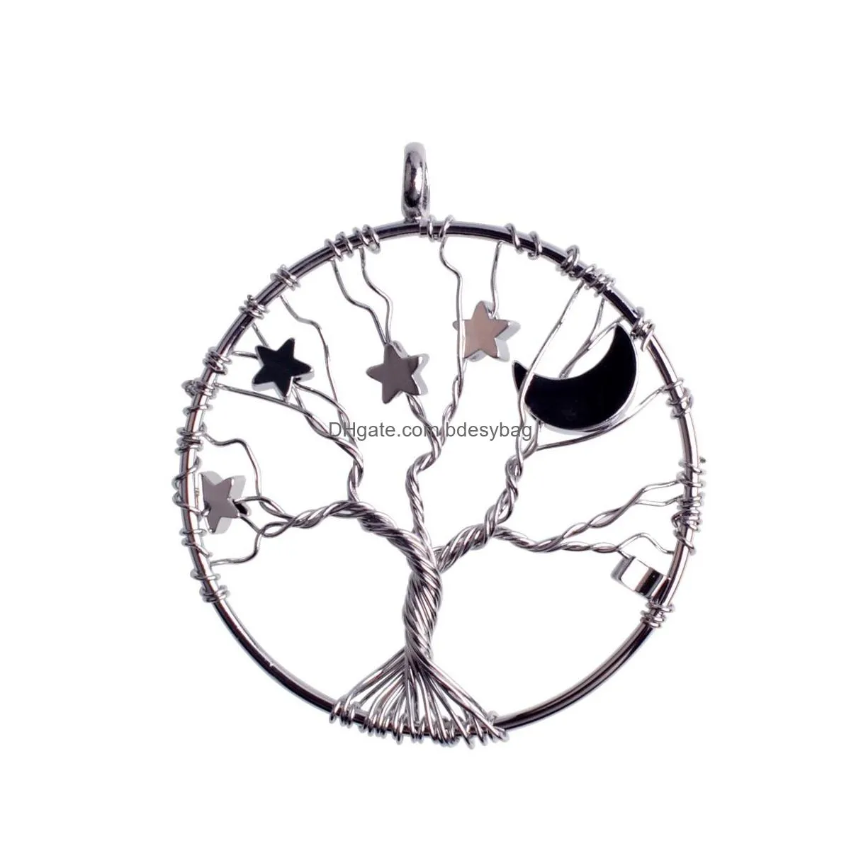 star moon life tree round pendant necklace female sterling silver jewelry crescent pendants for women and girls