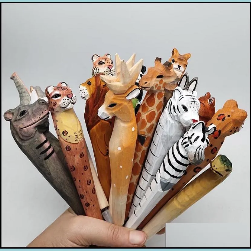 carved wood pen wild ocean animals gel pens stationery hand painted creative vintage wooden writpen school office supply christmas party