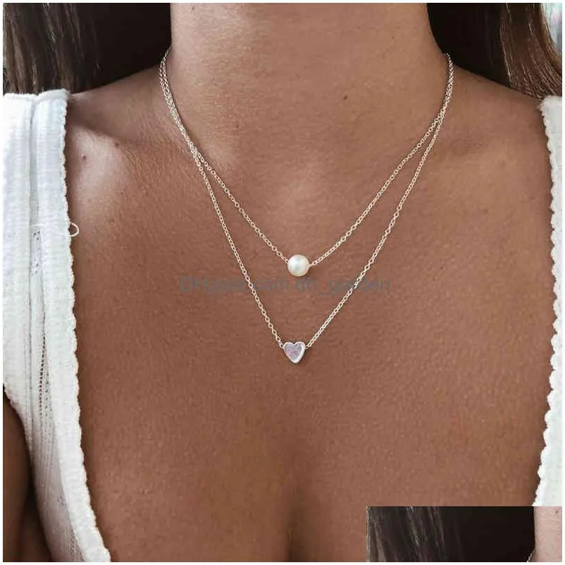 Pendant Necklaces New Bohemia Simple Fashion Imitation Pearl Love Heart Double Layer Clavicle Chain Necklace Accessories Fem Dhgarden Ot41N