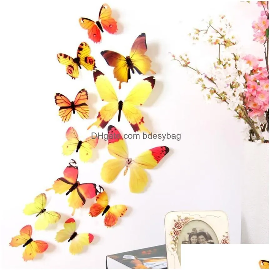 Wall Stickers Wholesale Qualified Wall Stickers 12Pcs Decal Sticker Home Decorations 3D Butterfly Rainbow Pvc Wallpaper For Living Roo Dhn6J