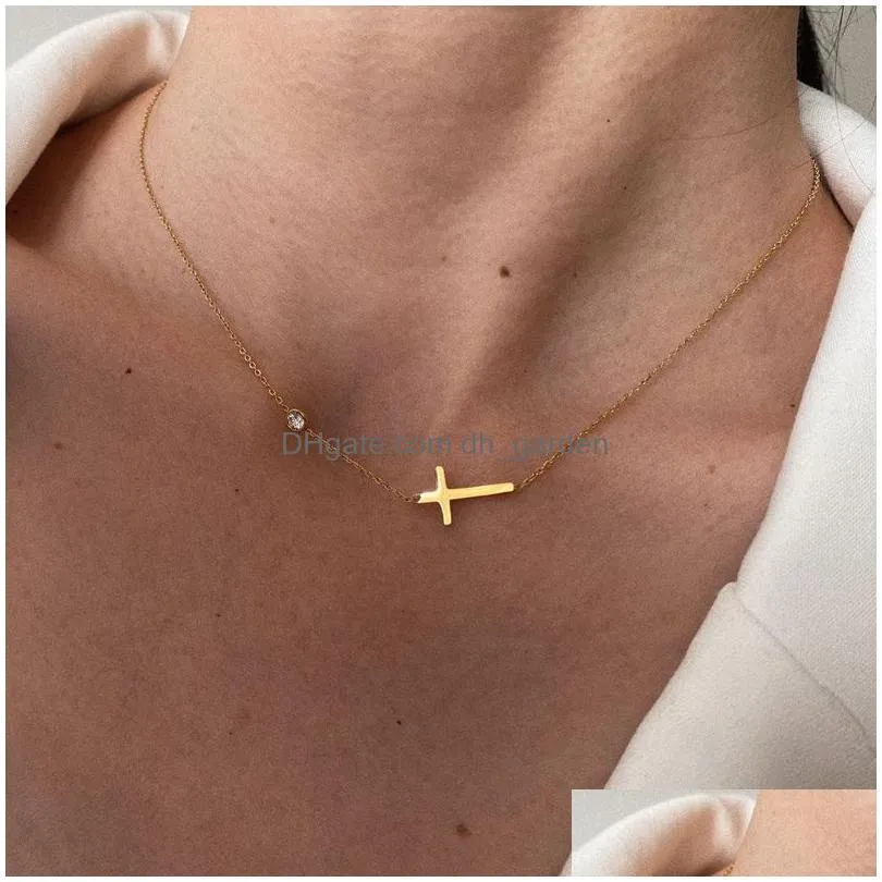 Pendant Necklaces Delicate Petite Sideway Cross Necklaces Pendant Women Stainless Steel Thin Chain Link Christian Jewelry Dr Dhgarden Otf3Z