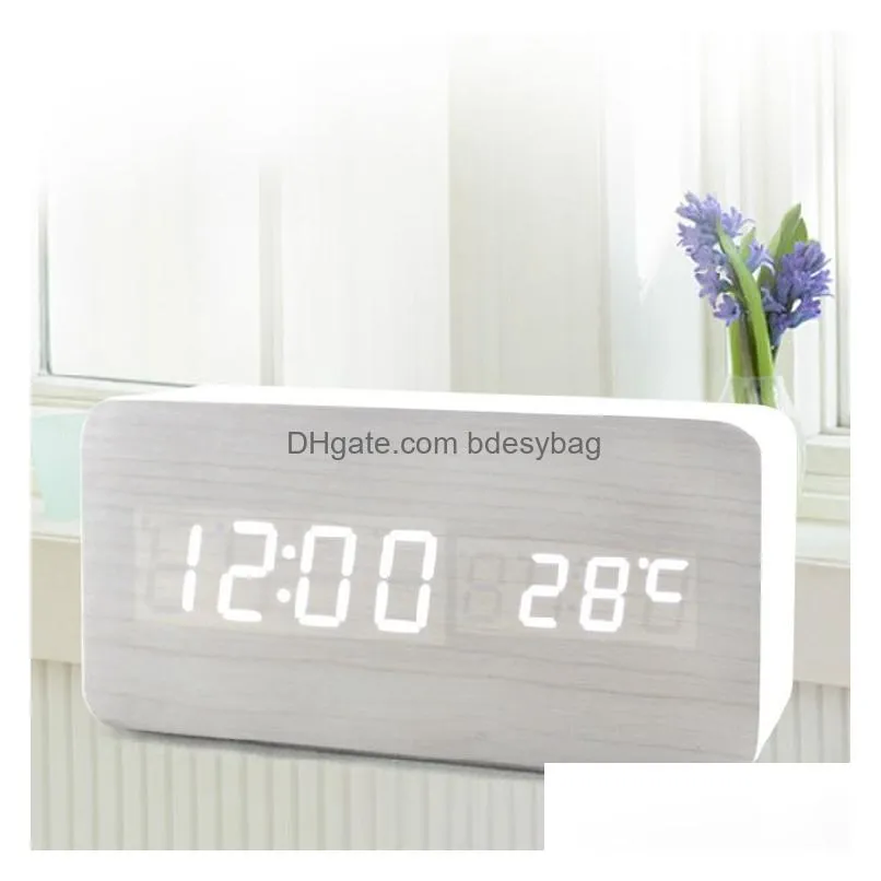 Desk & Table Clocks Square Led Wooden Alarm Clock Watch Table Voice Control Digital Wood Despertador Electronic Desktop Usb/Aaa Powere Dhnsw