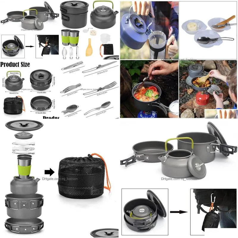 Camp Kitchen Camp Kitchen Cam Cookware Set Outdoor Pot Cuptableware Kit Cooking Water Kettle Pan Travel Cutlery Utensils Hiking Picnic Dhnz1