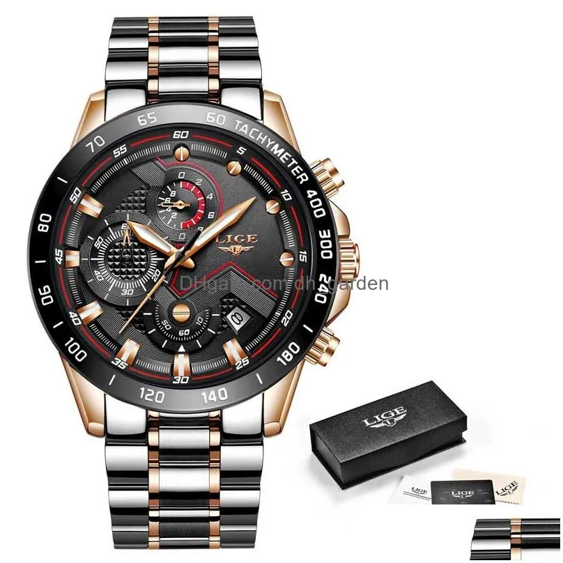 Wristwatches Lige Fashion Mens Watches With Stainless Steel Top Brand Luxury Sports Chronograph Quartz Watch Men Relo Mascin Dhgarden Otqlx