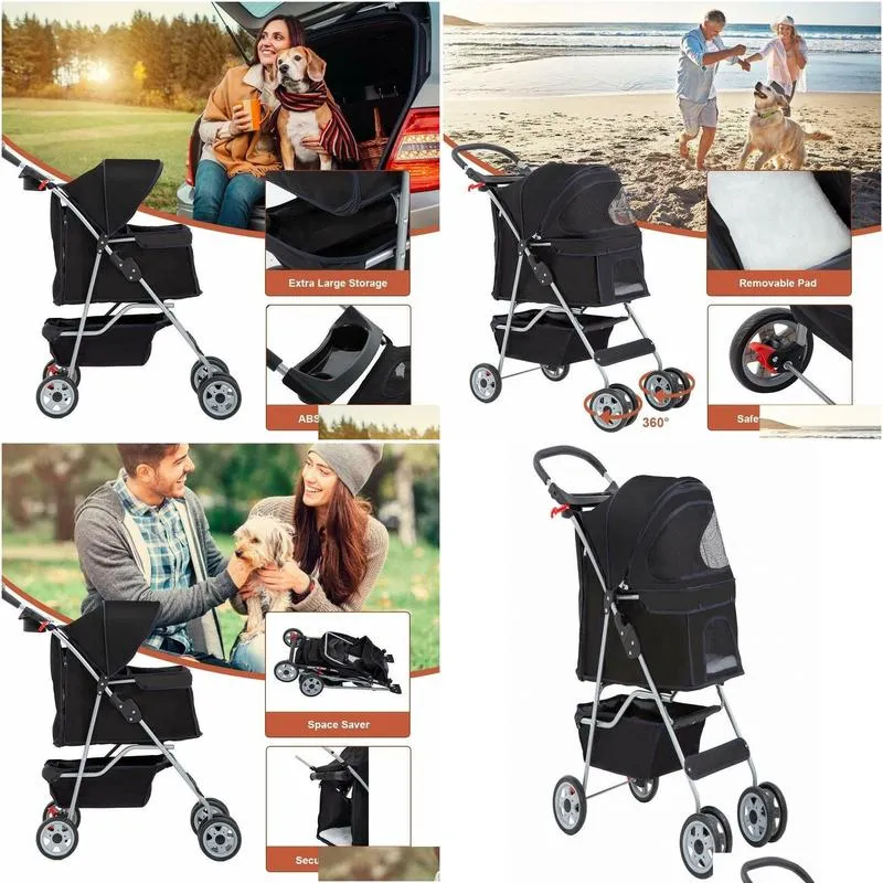 4 wheels pet stroller cat dog cage stroller travel folding carrier black qqpq5671131