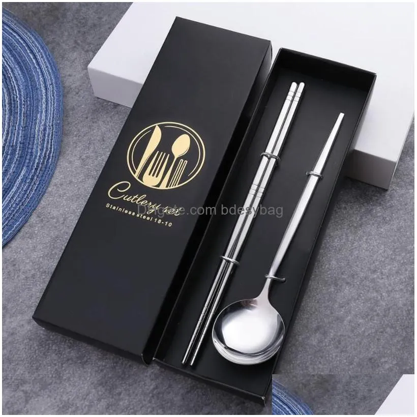Flatware Sets Cutlery Spoons Gift Box Stainless Steel Flatware Sets Shiny Mirror Portuguese Titanium Two-Piece Set Spoon And Chopstick Dhunv