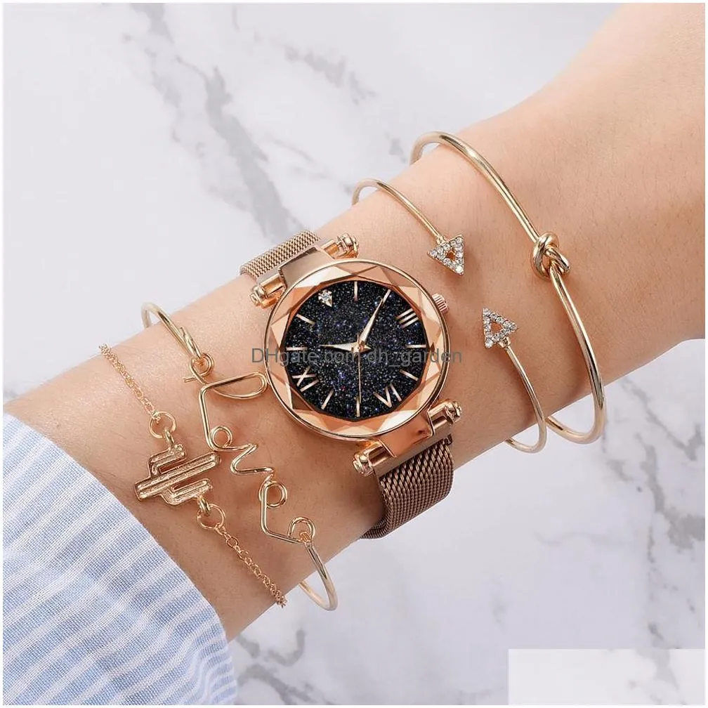 Wristwatches Luxury Brand Rose Gold Starry Sky Dial Watches Women Ladies Crystal Bracelet Quartz Wrist Watch 5 Pcs Set Relo Dhgarden Ot29I