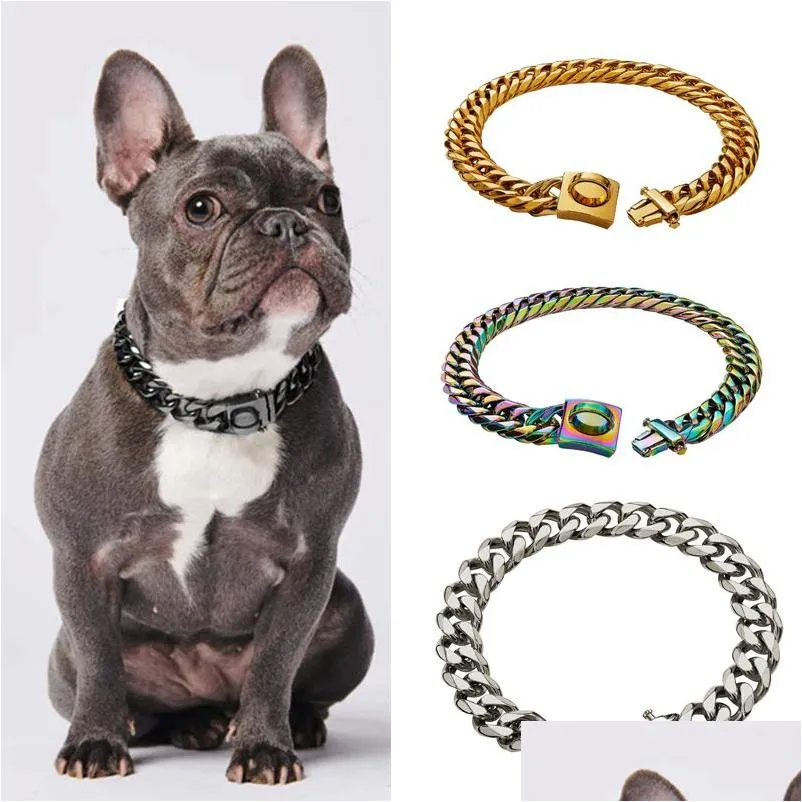 dog collars leashes gold chain collar luxury design stainless steel 18k 16mm jewelry accessories heavy duty cuban for medium large