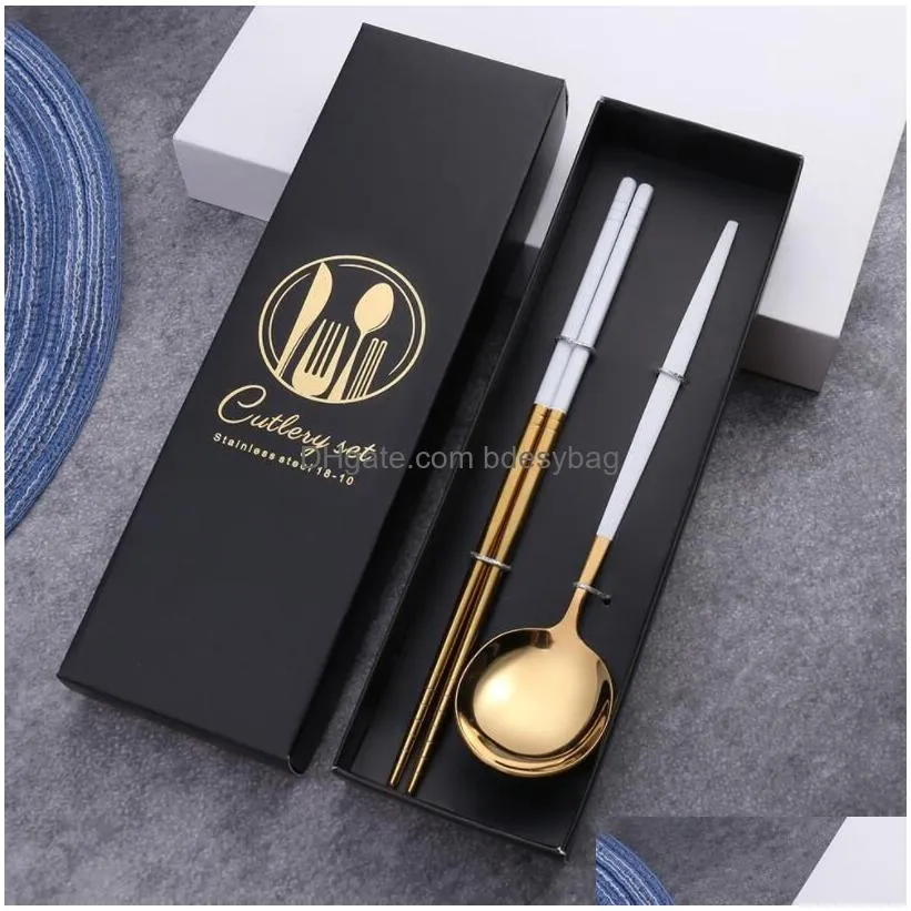 Flatware Sets Cutlery Spoons Gift Box Stainless Steel Flatware Sets Shiny Mirror Portuguese Titanium Two-Piece Set Spoon And Chopstick Dhunv