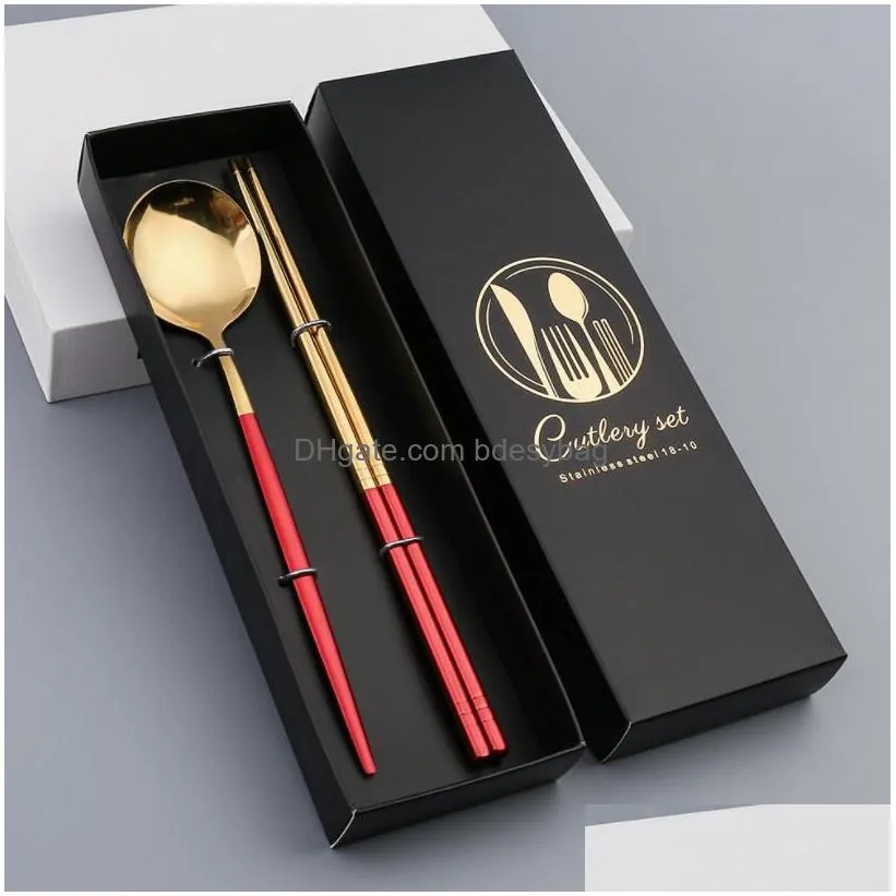 Flatware Sets Cutlery Spoons Gift Box Stainless Steel Flatware Sets Shiny Mirror Portuguese Titanium Two-Piece Set Spoon And Chopstick Dhunv