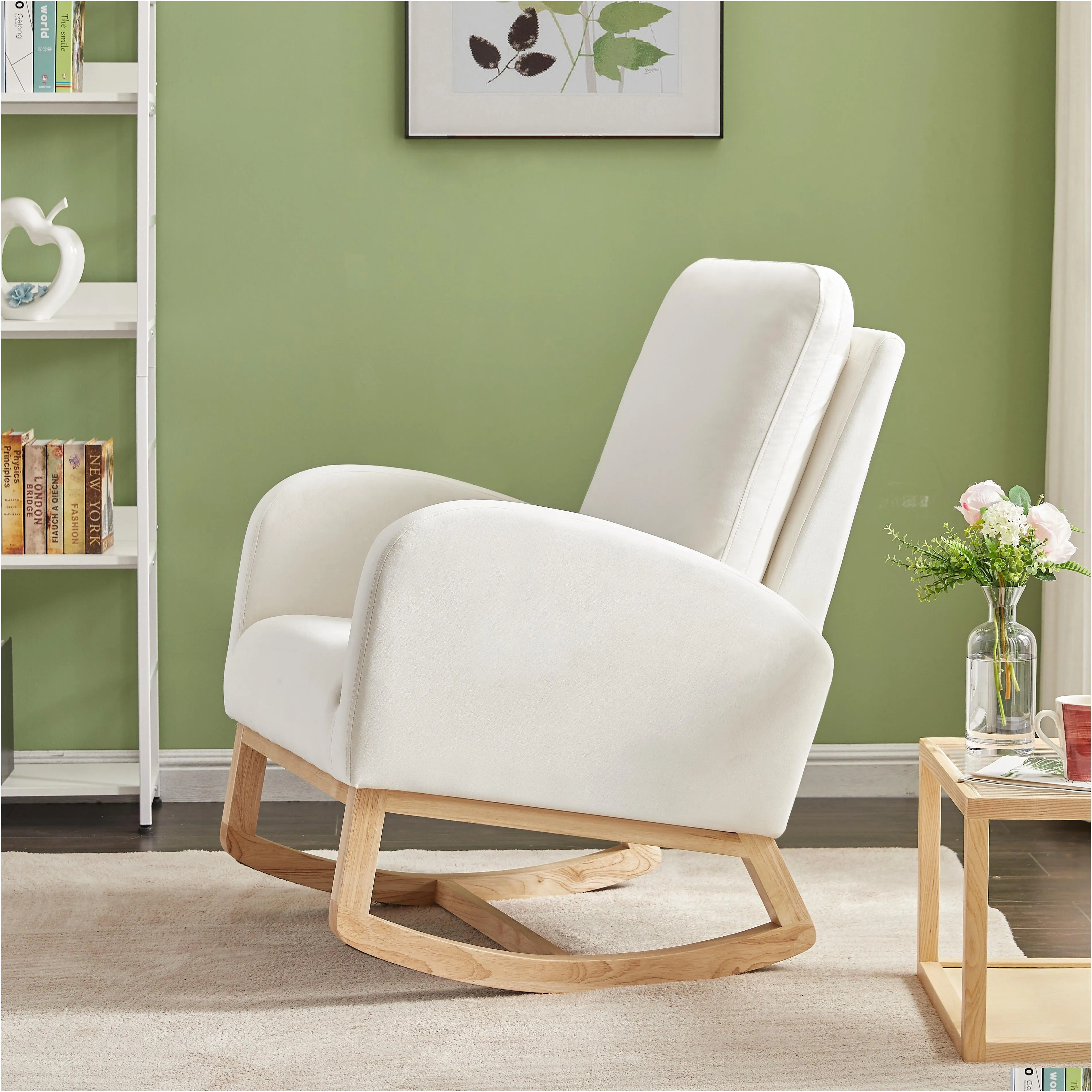 Rocking Chair Mid-Century Modern Rocking Armchair Upholstered Tall Back Accent Glider Rocker,Beige