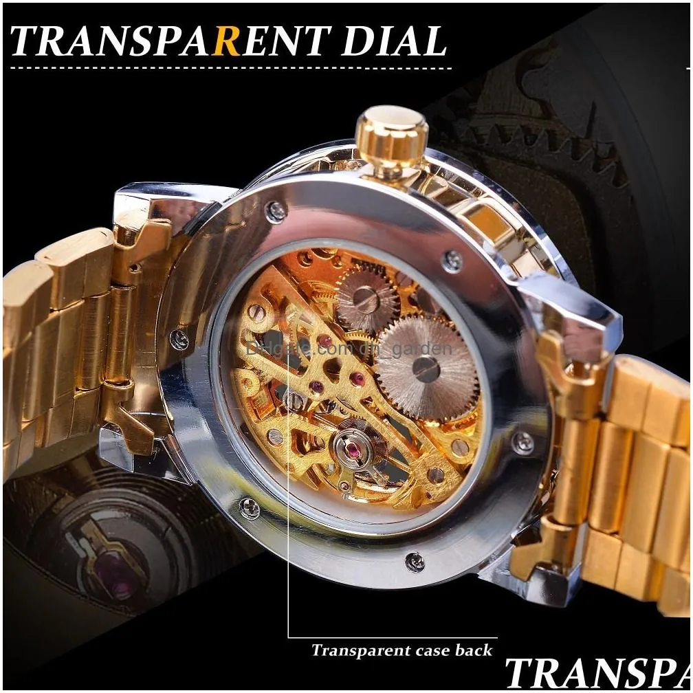 Wristwatches Winner Golden Watches Classic Rhinestone Clock Roman Analog Male Skeleton Clocks Mechanical Stainless Steel Ban Dhgarden Otp5S
