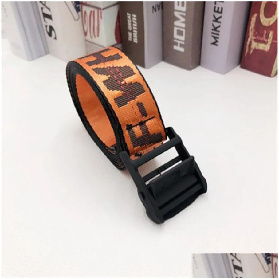 Belts 60 Styles Uni Hip Hop Off Woven Canvas Belt Printing Double Buckle Punk Waistbelt Fashionable Women Men039S Wild White Belt28794 Ot10D