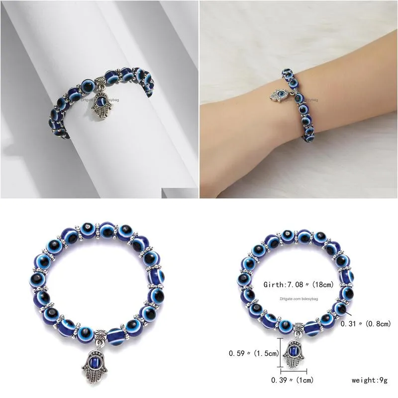 turkish blue evil eye bracelet palm charms resin round lucky bead wishing elastic cord chain bracelet ladies charm jewelry