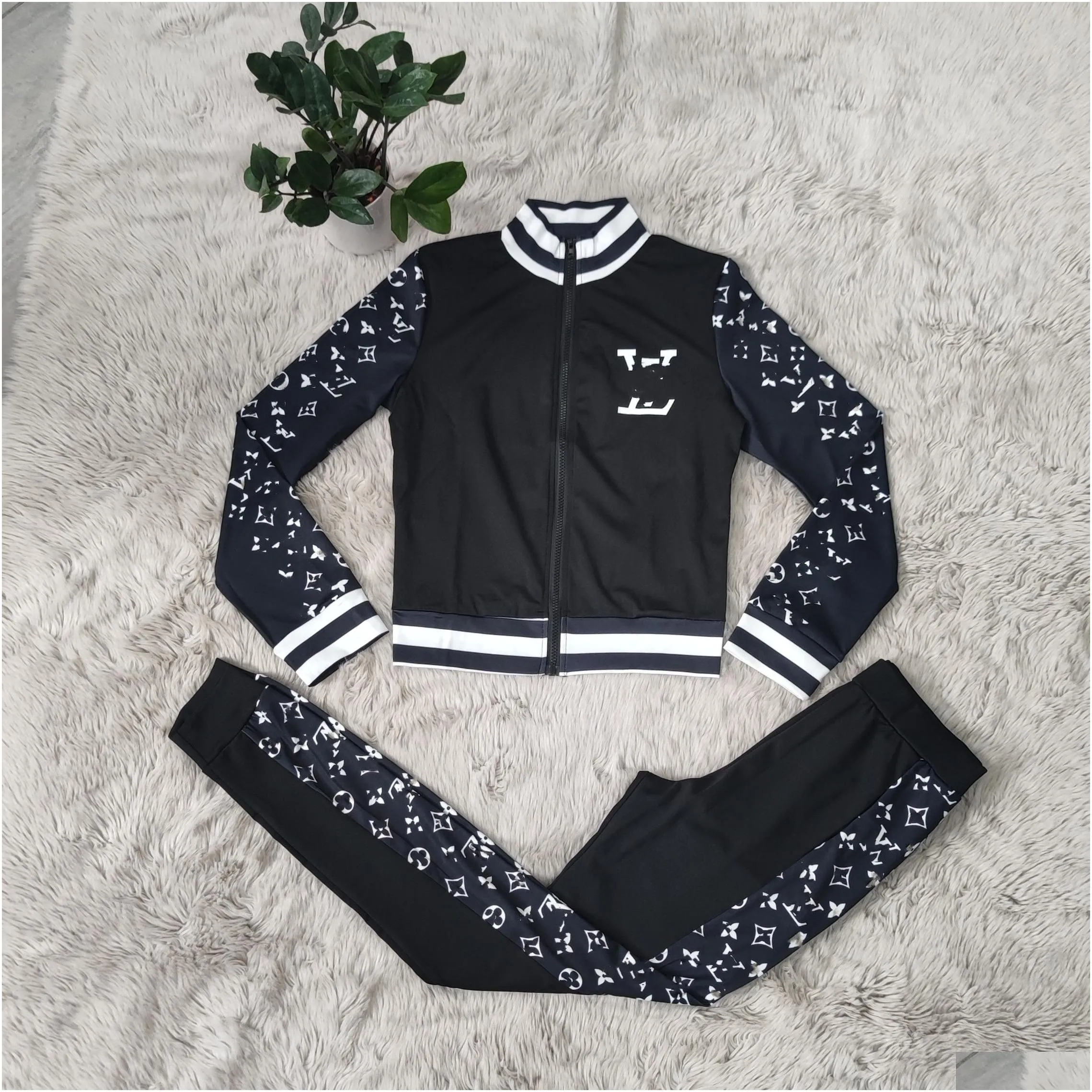 two piece pants tracksuit women casual print jacket and sweatpants sets casual outfits ship