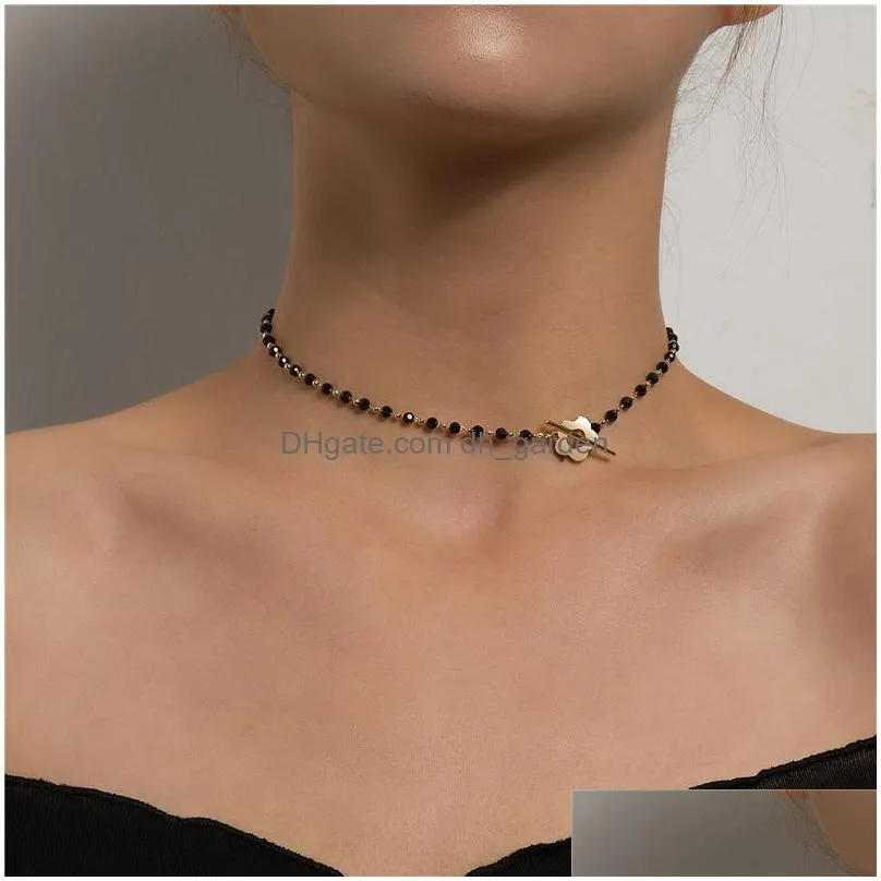 Chokers New Fashion Luxury Black Crystal Glass Bead Chain Choker Necklace For Women Flower Lariat Lock Collar Drop Delivery Dhgarden Otbtq