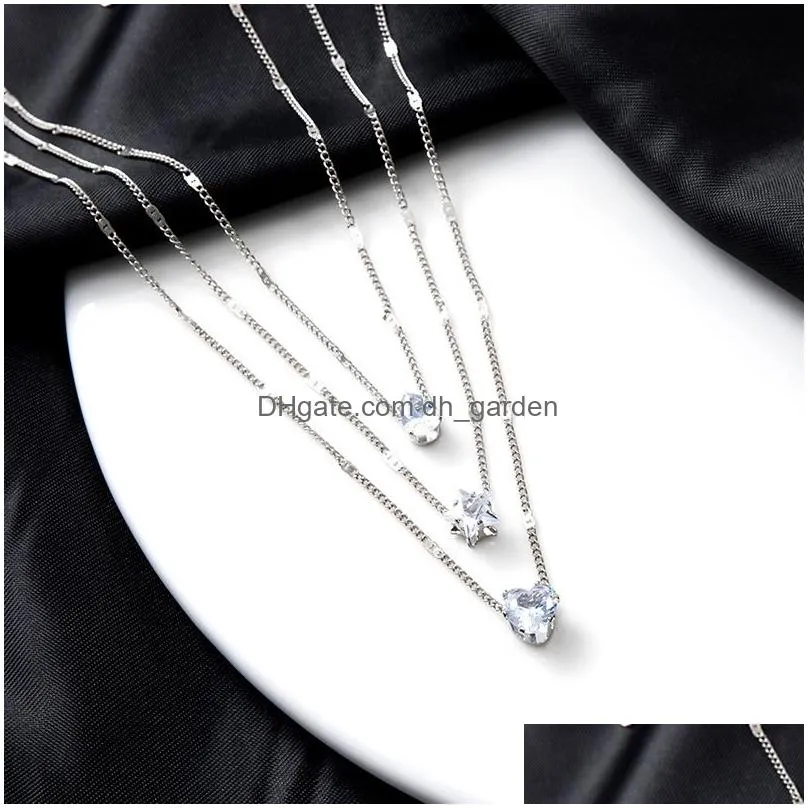 Pendant Necklaces Crystal Zircon Heart Star Charm Layered Pendant Necklace Set For Women Charms Fashion Square Rhinestone Fe Dhgarden Otrwo