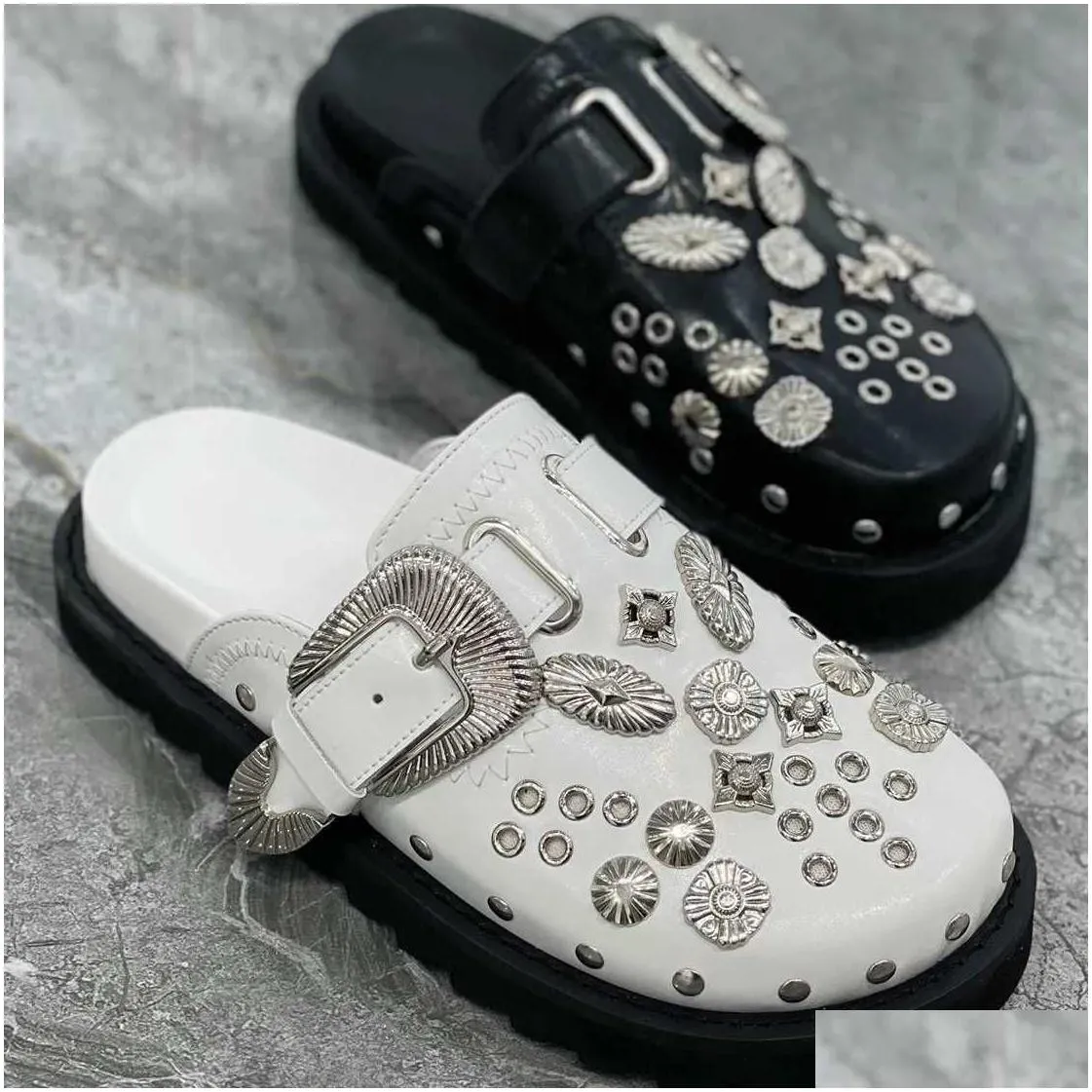 slippers summer women slippers platform punk rock leather mules creative metal fittings casual party shoes female outdoor slides