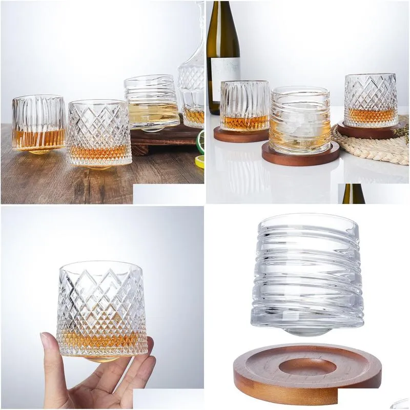 Wine Glasses Decompression Rotating Tumbler Cup With Bamboo And Wood Base Screw Strong Wine Glass Thickened Whiskey Beer Drop Delivery Otoig