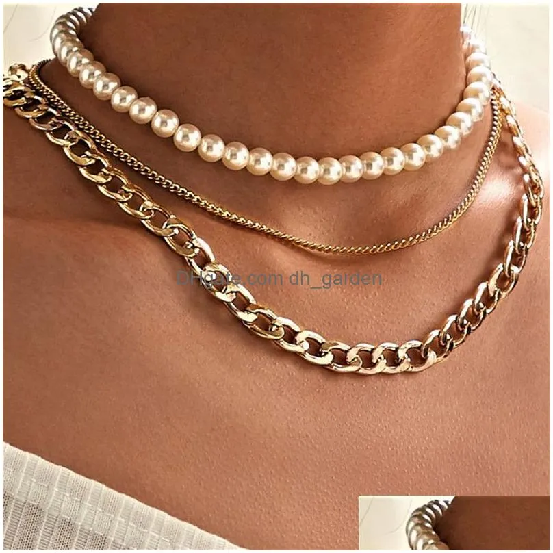 Pendant Necklaces 17Km Fashion Mti-Layered Snake Chain Necklace For Women Vintage Gold Coin Pearl Choker Sweater Necklaces P Dhgarden Otdhg