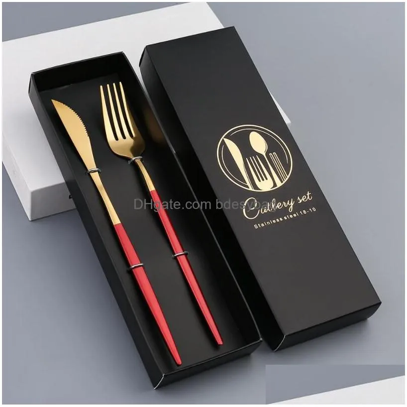 Flatware Sets Cutlery Spoons Gift Box Stainless Steel Flatware Sets Shiny Mirror Portuguese Titanium Two-Piece Set Spoon And Chopstick Dhunv