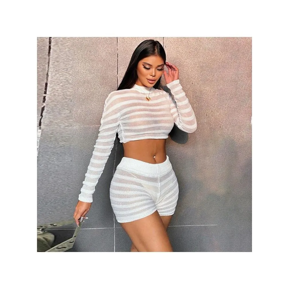 striped see through knitting cropped shorts set