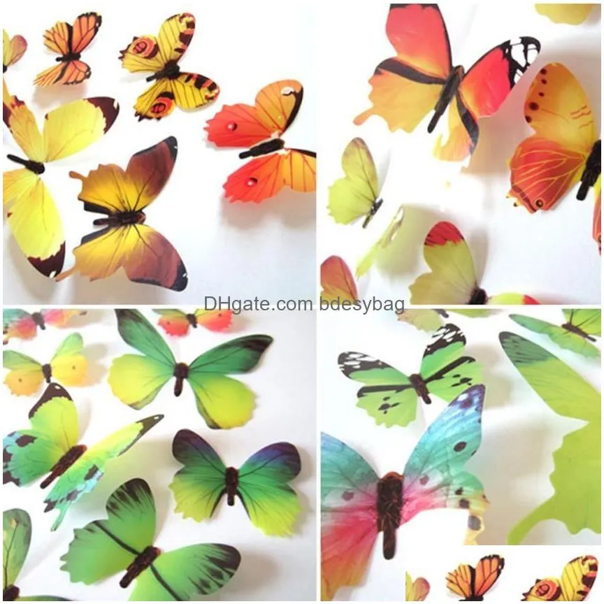 Wall Stickers Wholesale Qualified Wall Stickers 12Pcs Decal Sticker Home Decorations 3D Butterfly Rainbow Pvc Wallpaper For Living Roo Dhn6J