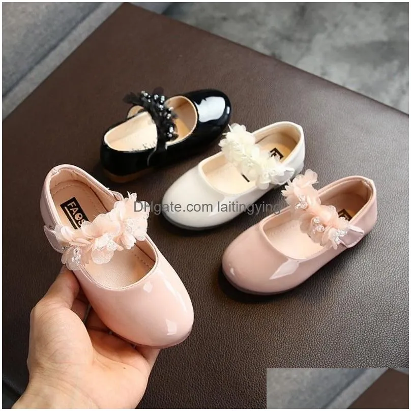 sneakers kids girls pearl crystal princess shoes wedding dress non slip pu leather flat dance for children 230322