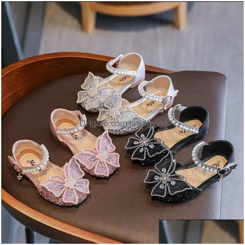 sneakers kids girls pearl crystal princess shoes wedding dress non slip pu leather flat dance for children 230322